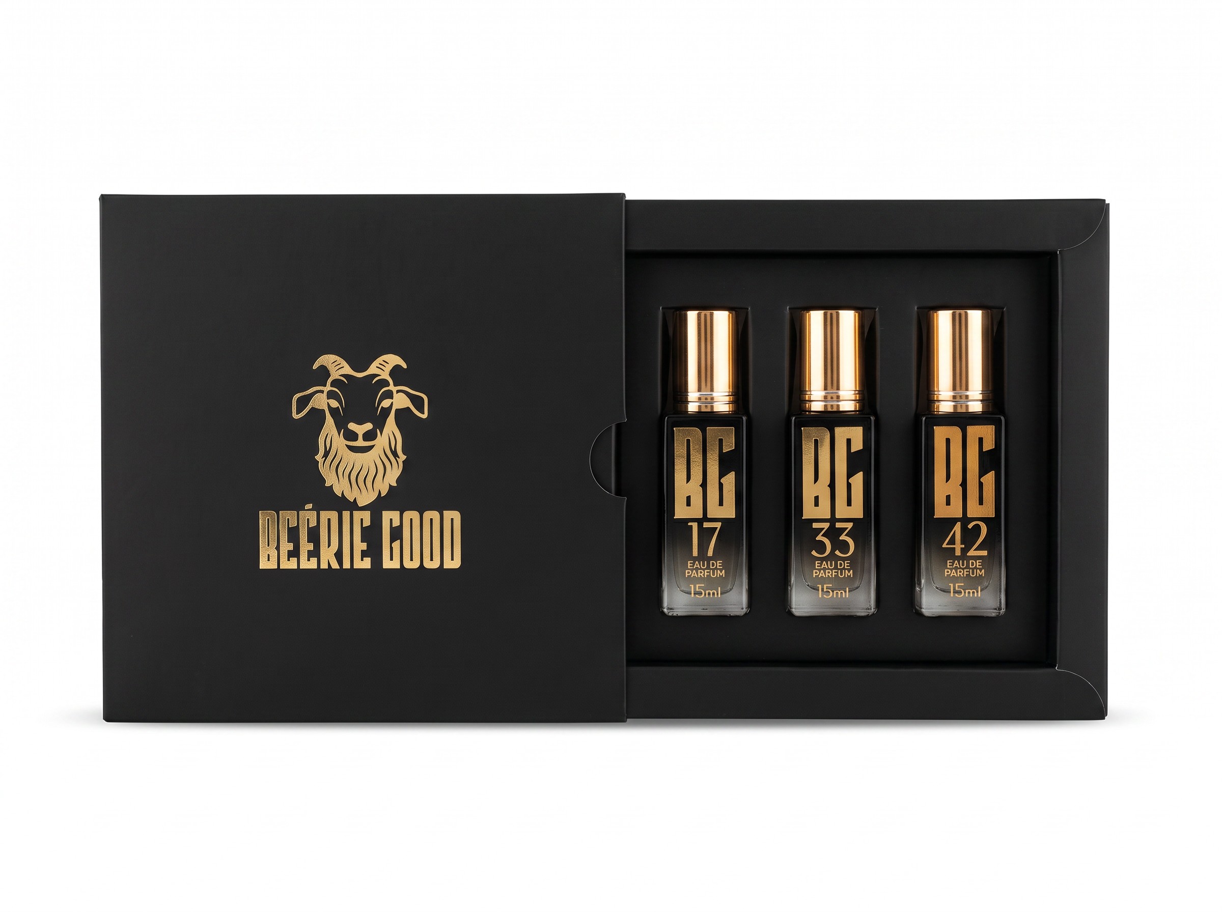 Coleção Beérie Good — caixa com os perfumes BG 17, BG 33 e BG 42
